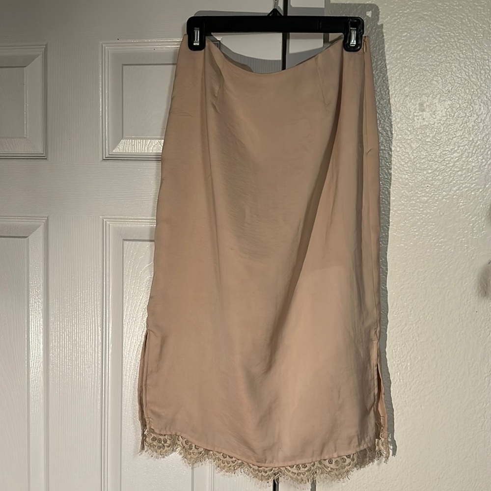Blush pink slip skirt with lace trim